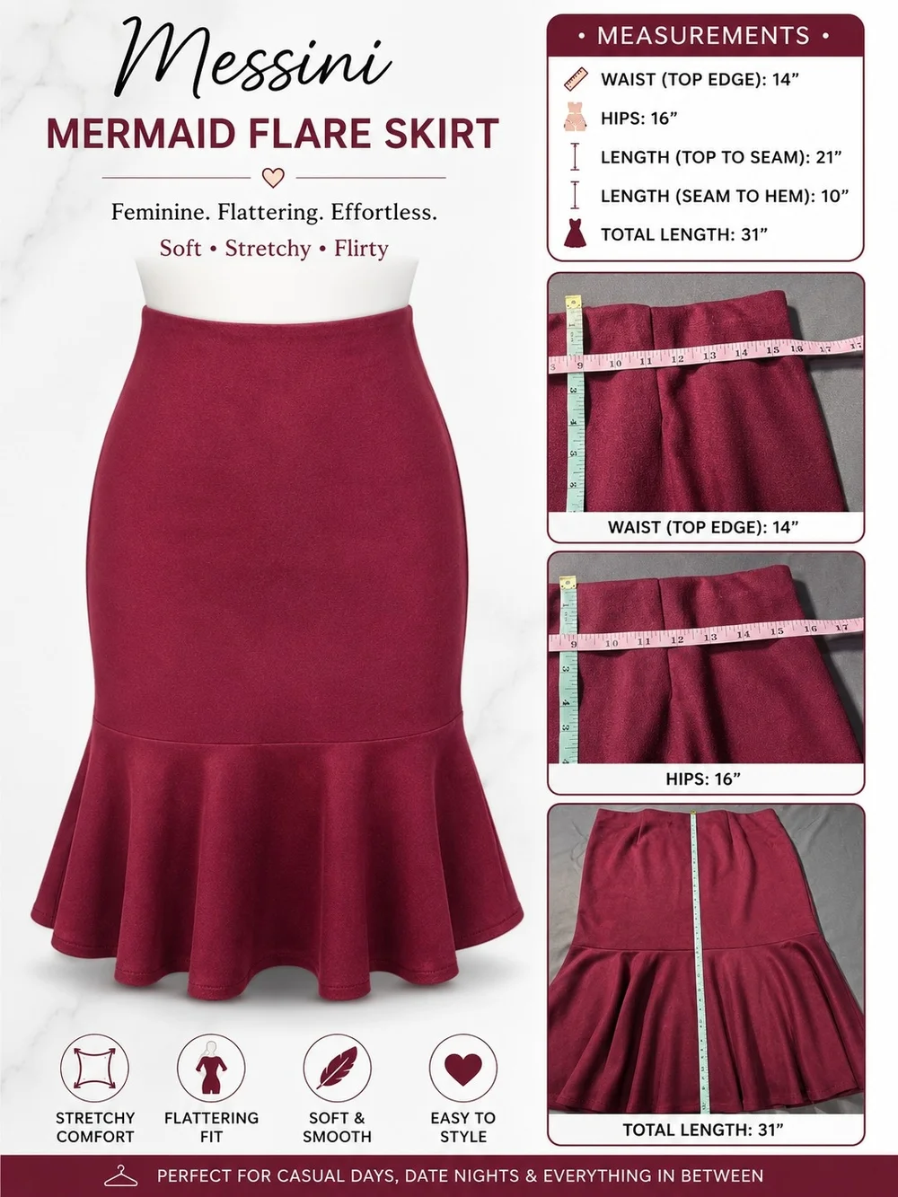 Messini Women's Burgundy Mermaid Flare Skirt – Size Med– Soft Stretch Faux Suade